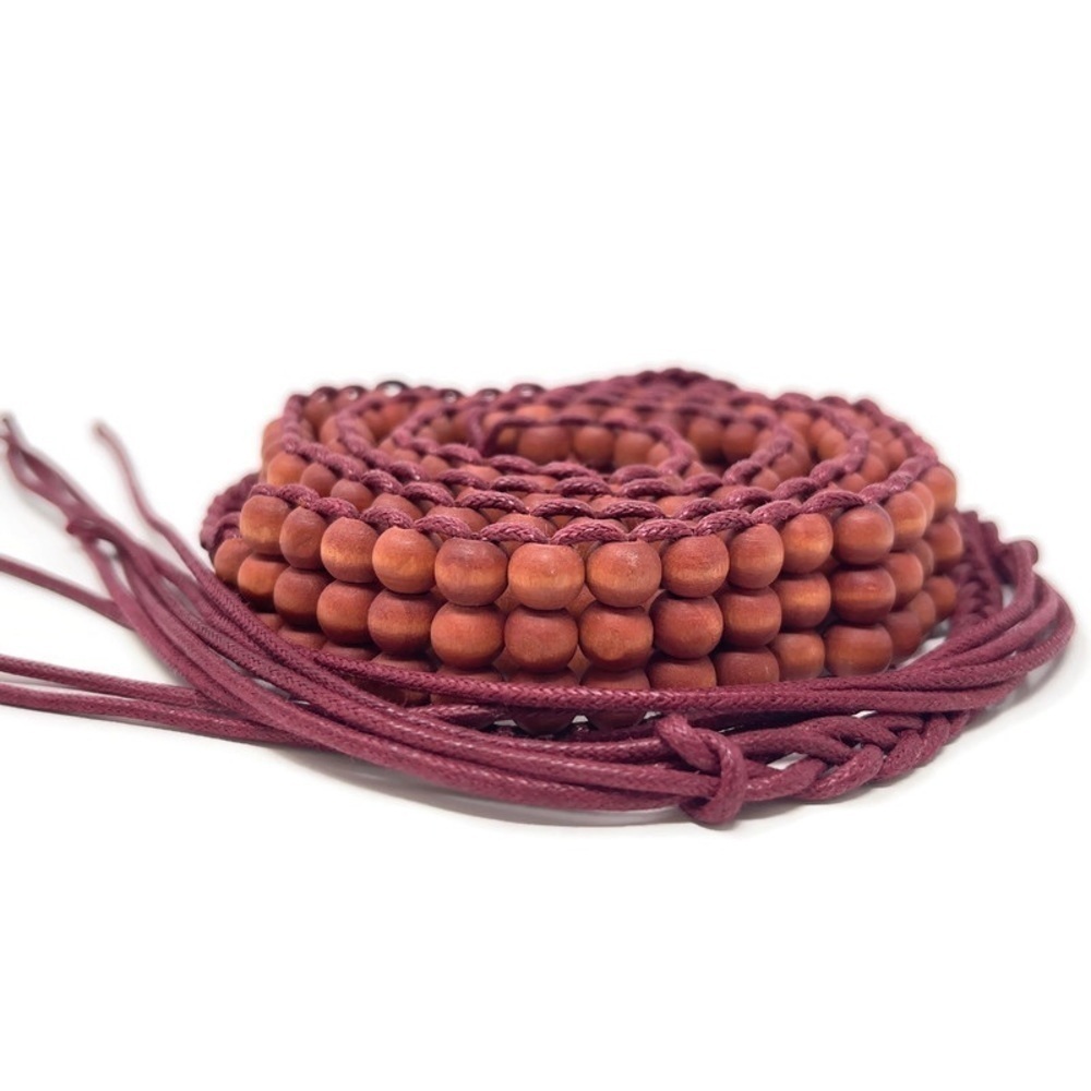 Vintage Boho, Western Wine Colored Wooden‎ Beads Belt w/ Fringe
